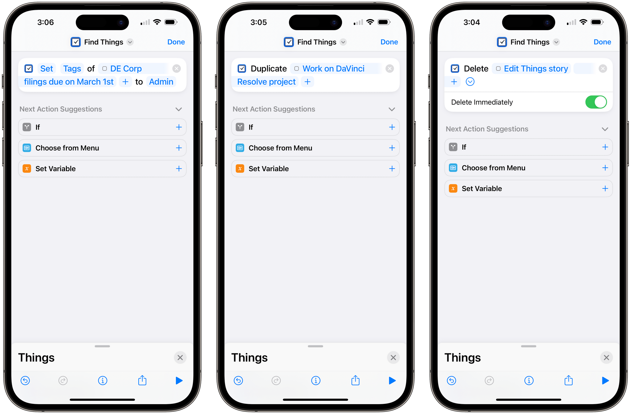 Editing, duplicating, and deleting with Things Shortcuts actions.