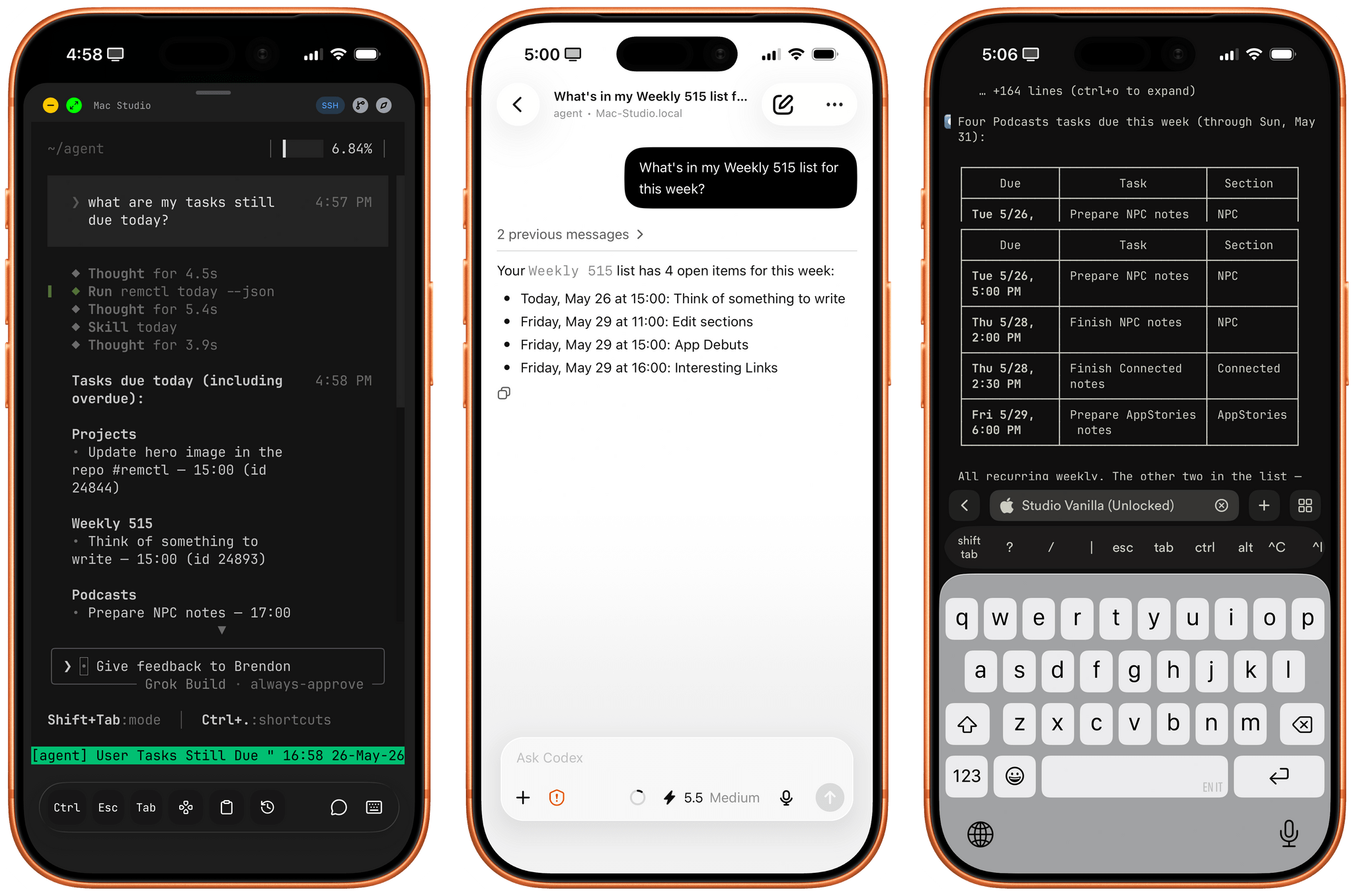 RemCTL working in Moshi with Grok Build (left), the ChatGPT app with Codex (center), and Termius with Claude Code (right).