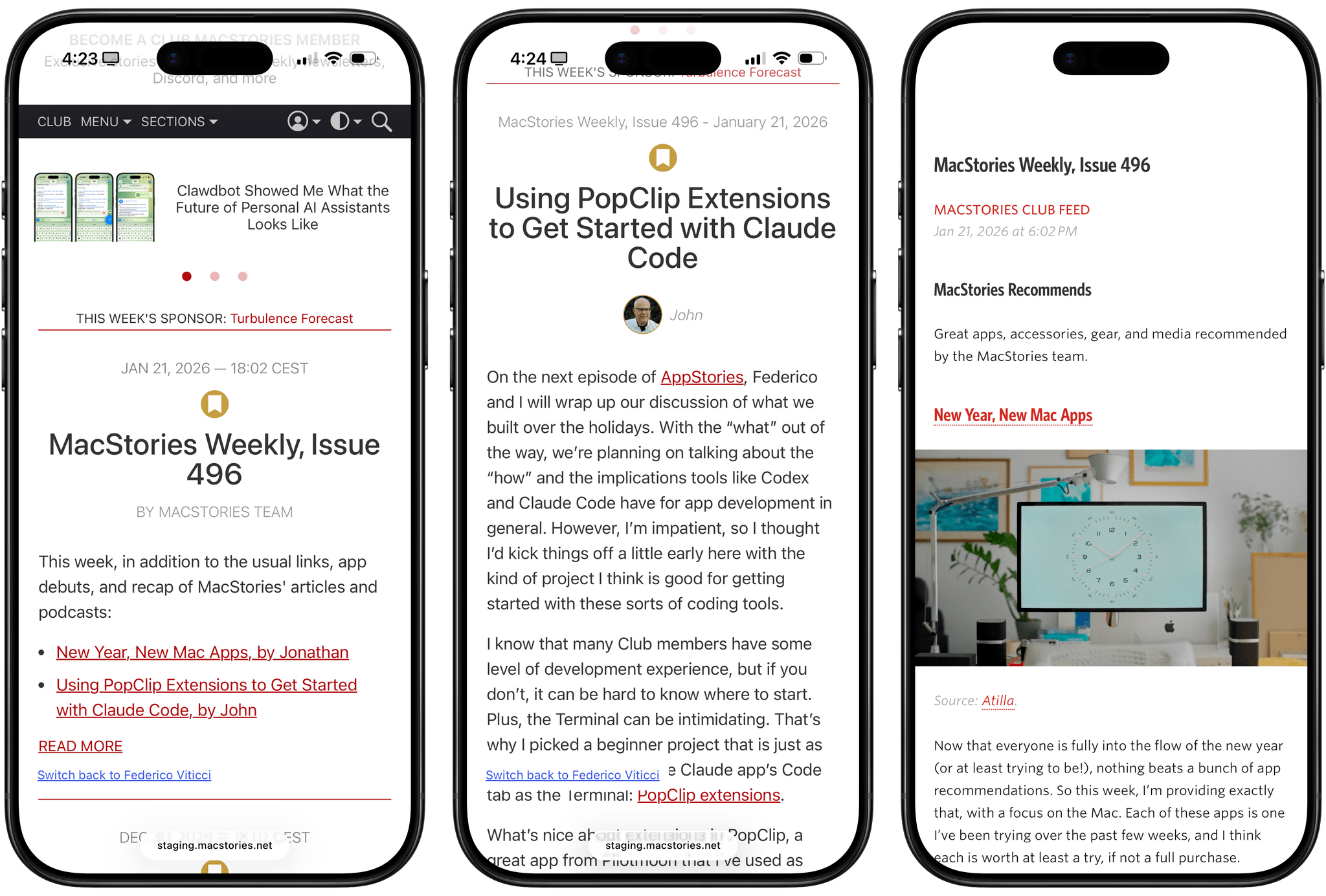 From left to right: MacStories Weekly on the main site; reading a specific article from MacStories Weekly; reading Weekly via RSS.