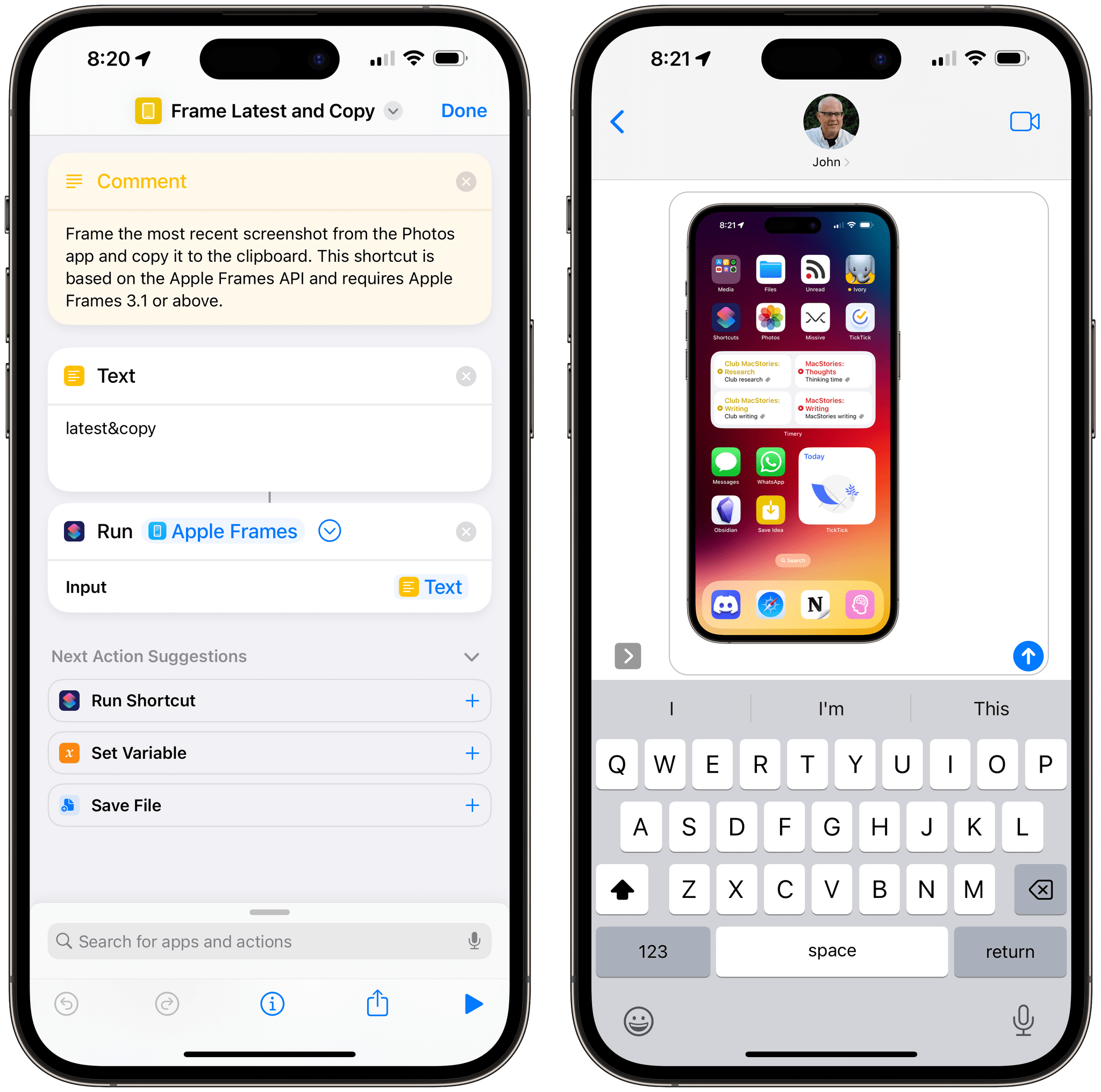Framing the latest screenshot I've taken with this helper shortcut so I can quickly paste it in iMessage.