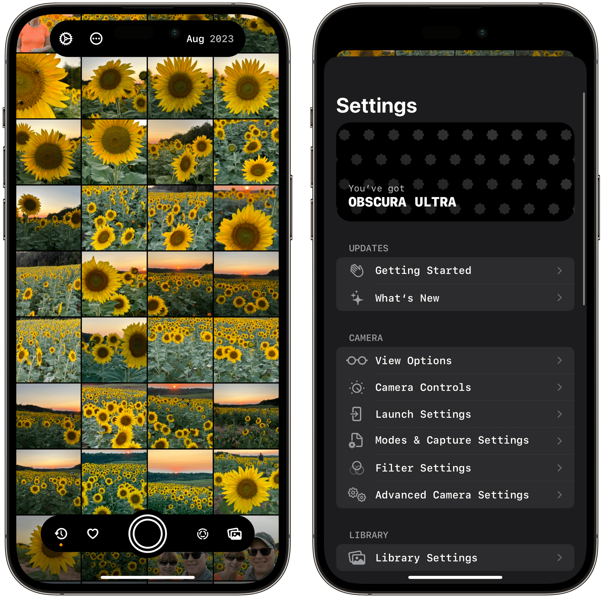 Obscura 4's photo library and settings.