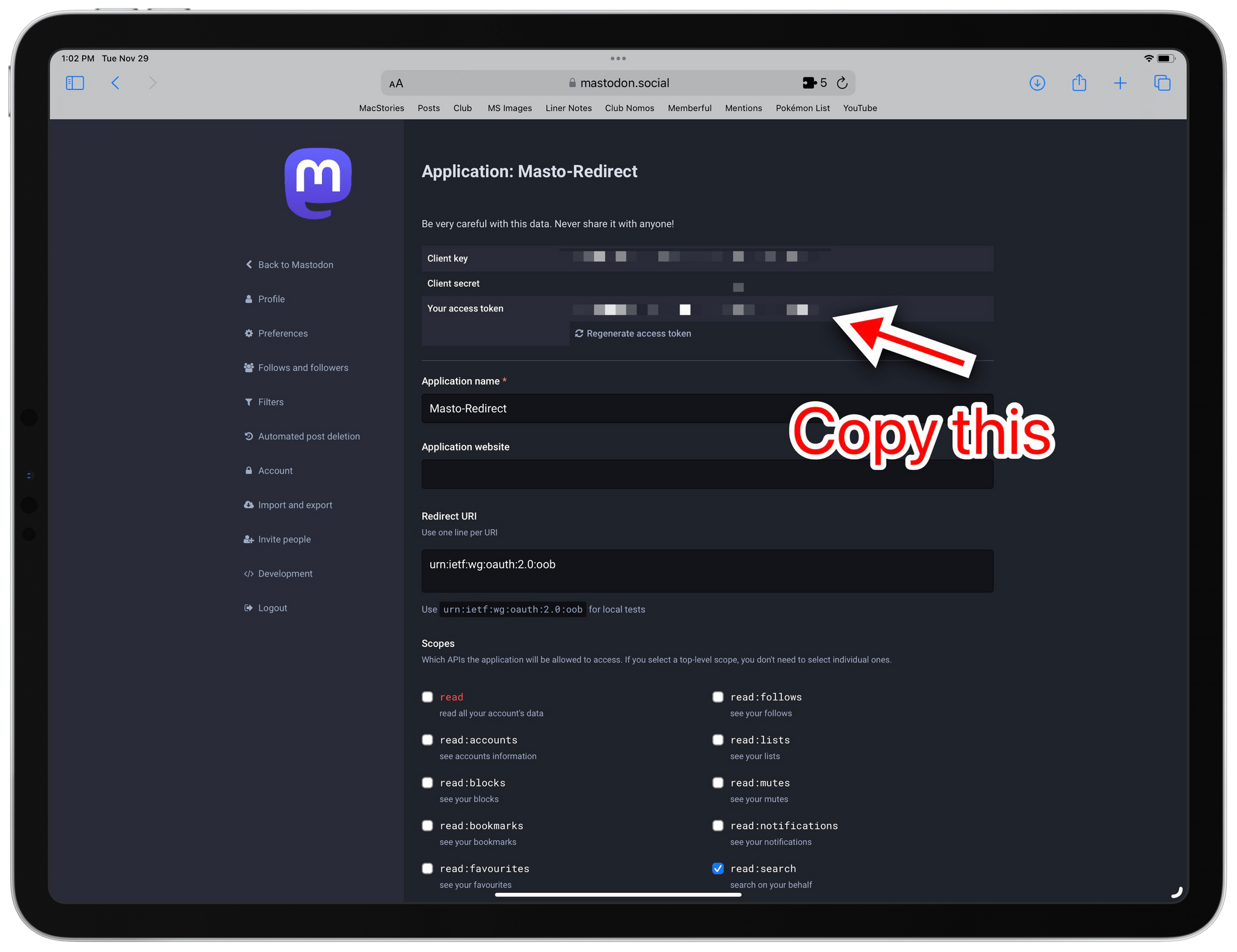 Copy the access token, which you'll have to paste in Shortcuts.