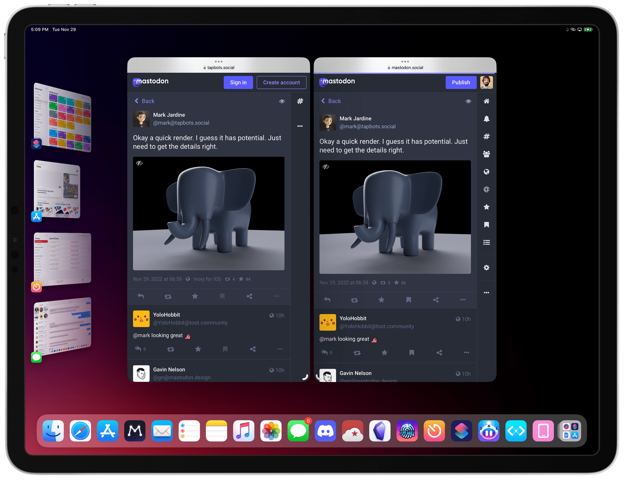 The same post viewed on its original Mastodon instance (left) vs. the instance I'm using (right). Notice how I'm signed in and can interact with the post in the Safari window on the right.