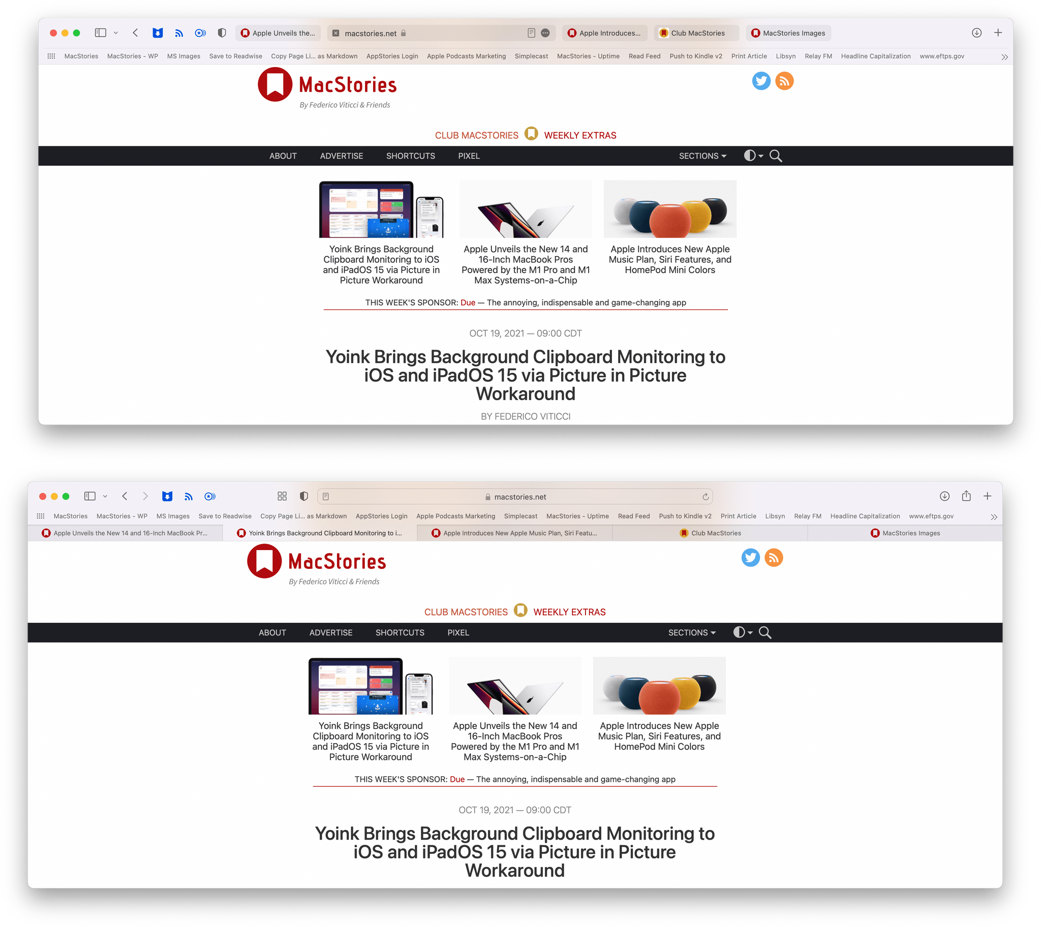 The compact tab bar (top) and separate tabs and address bar (bottom).