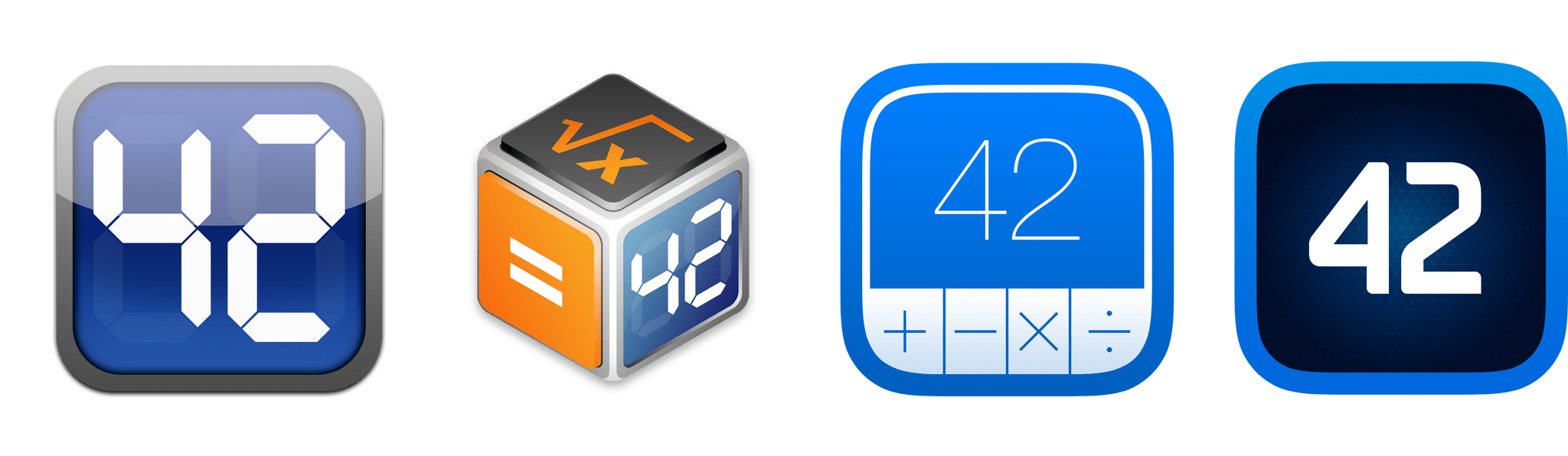 A selection of PCalc icons. Left to right: iOS from 2008, OS X from 2012, iOS from 2013, and iOS and macOS from 2021.