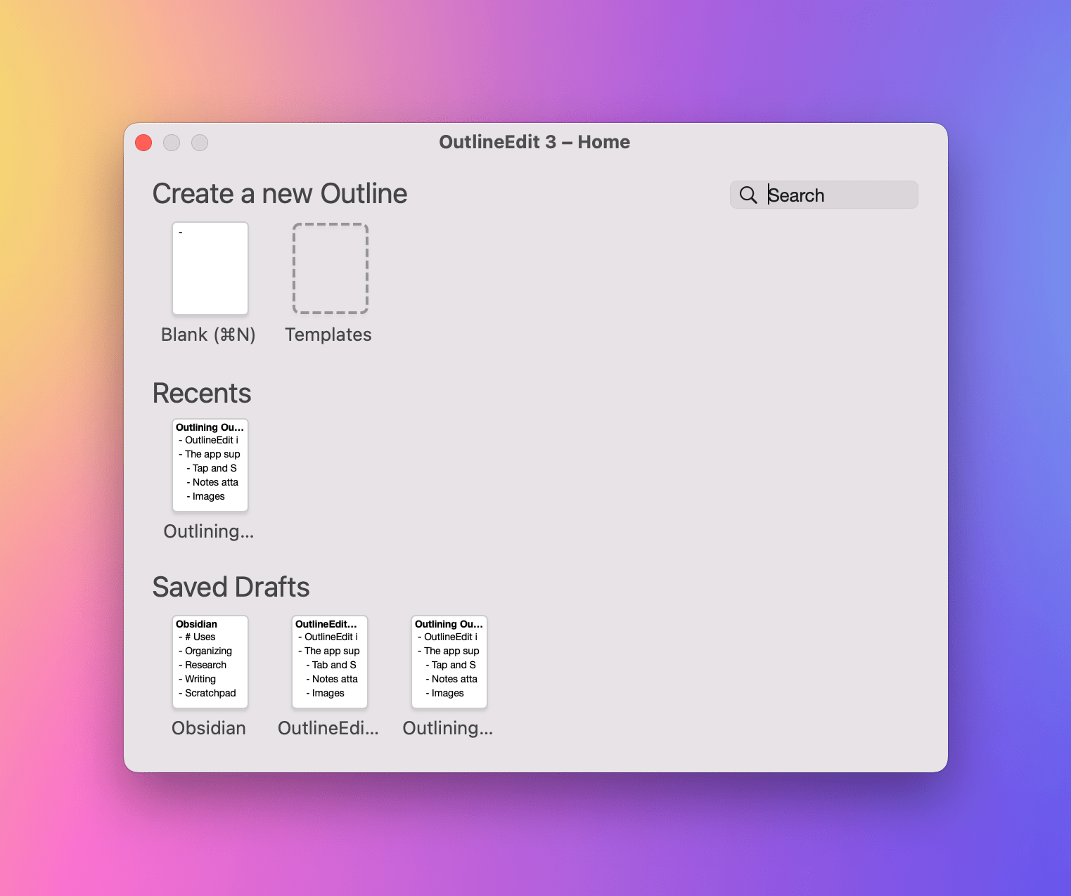 OutlineEdit's Home view for managing your outlines and accessing templates.