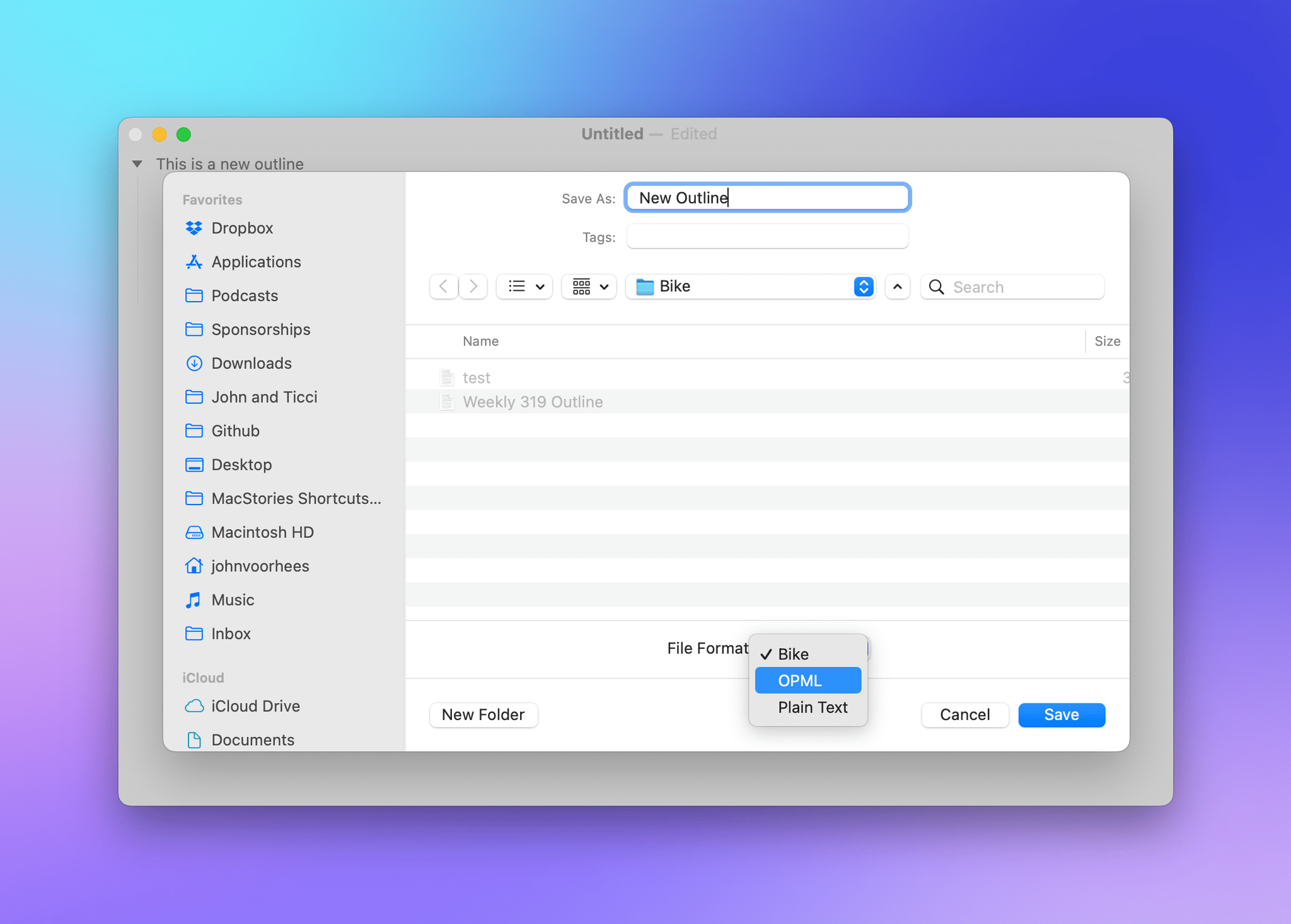 The file format for your outline is only available in the initial Save dialog.