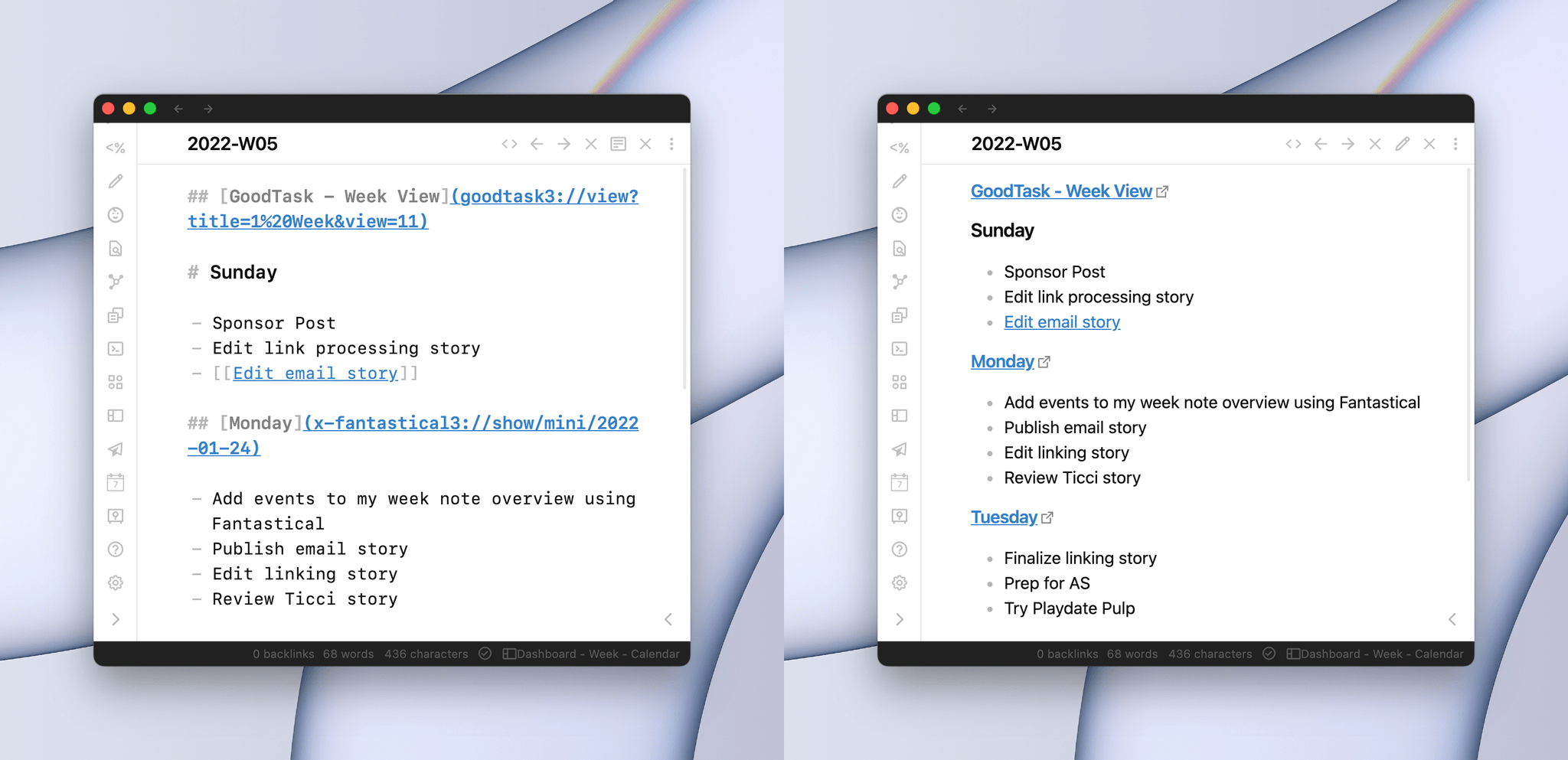 From the editing view (left) and reading view (right), you can see how I'm linking to a seven-day Kanban view of my tasks in GoodTask.