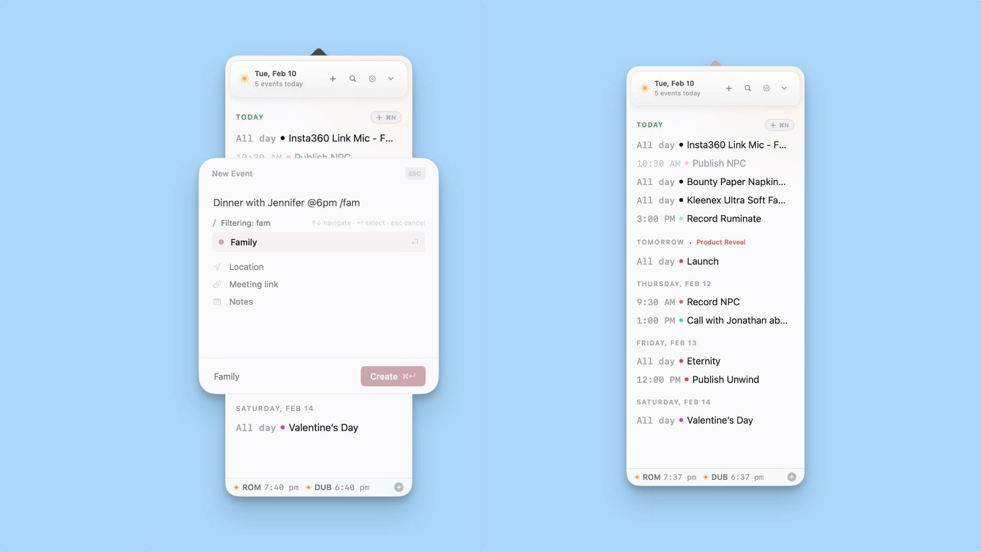 Event creation (left) and the event-only list view (right).