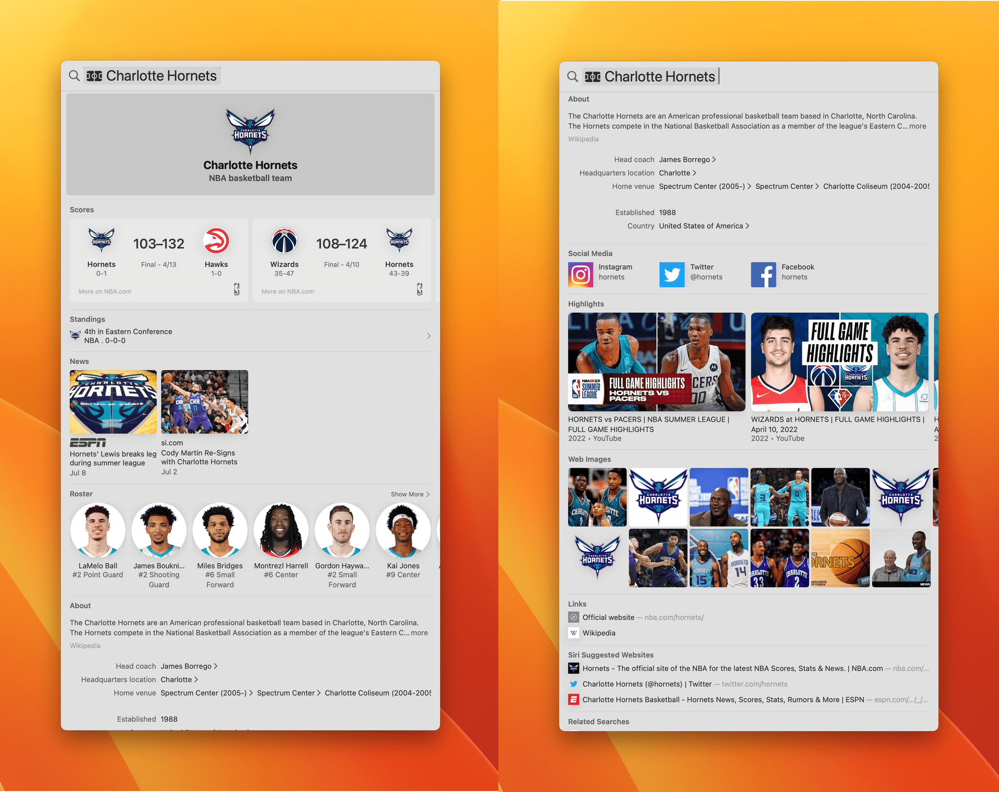 Spotlight has rich results for multiple categories of searches like sports teams.