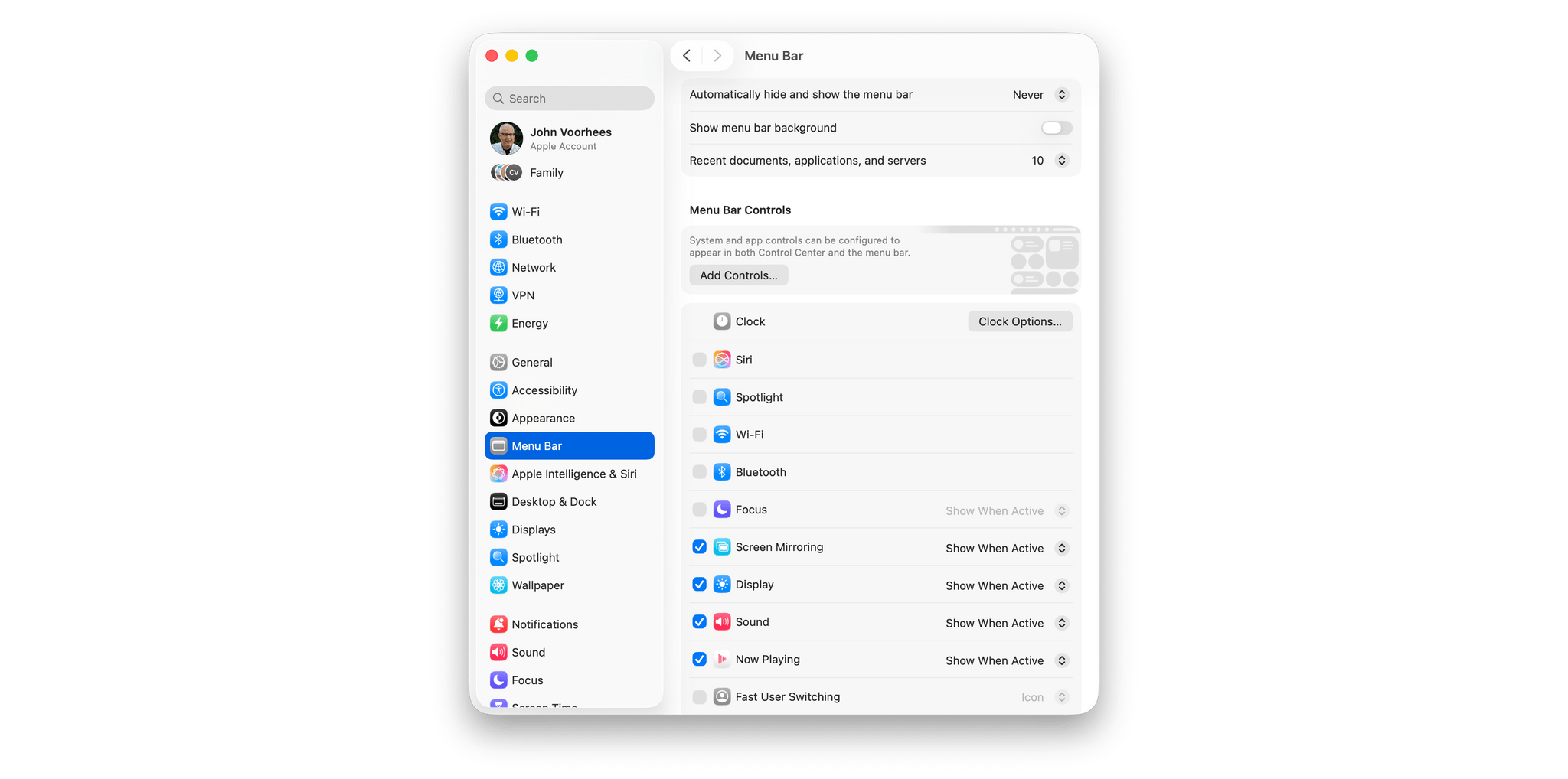 There are many new settings for managing your menu bar in Tahoe.