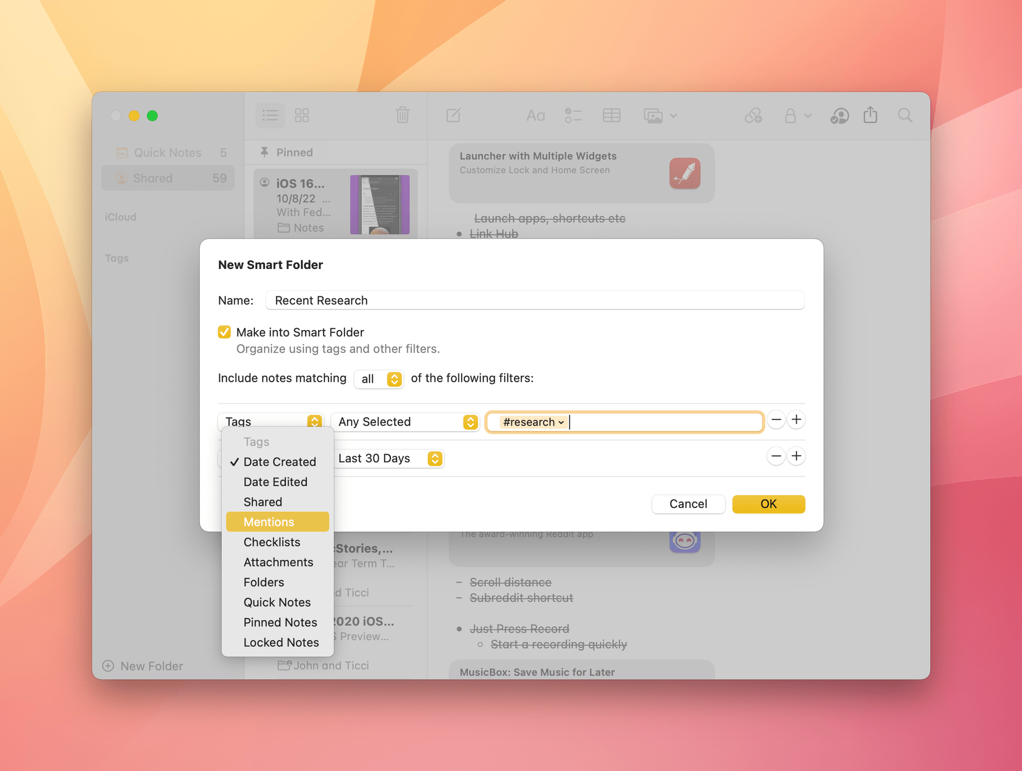 Notes adds a long list of Smart Folder filters.