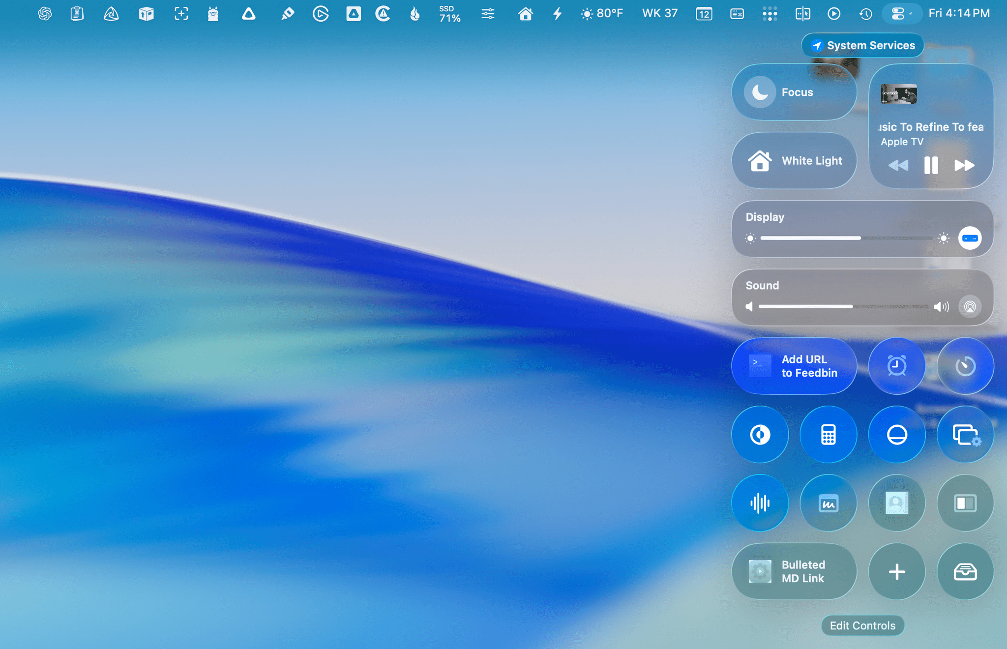 It's a work in process, but this is my current main Control Center panel, a mix of system controls and controls from Drafts and ScreenFloat.