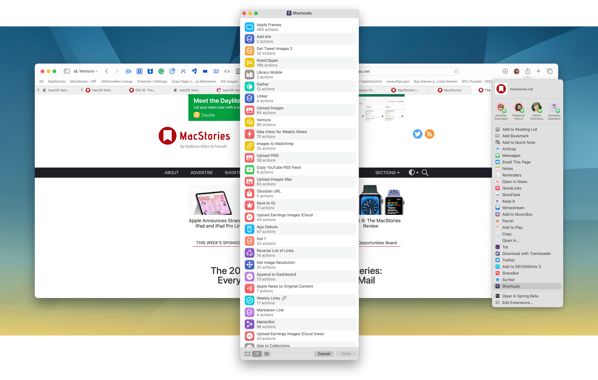 The share menu opens a list of every shortcut in your library with sharing enabled.