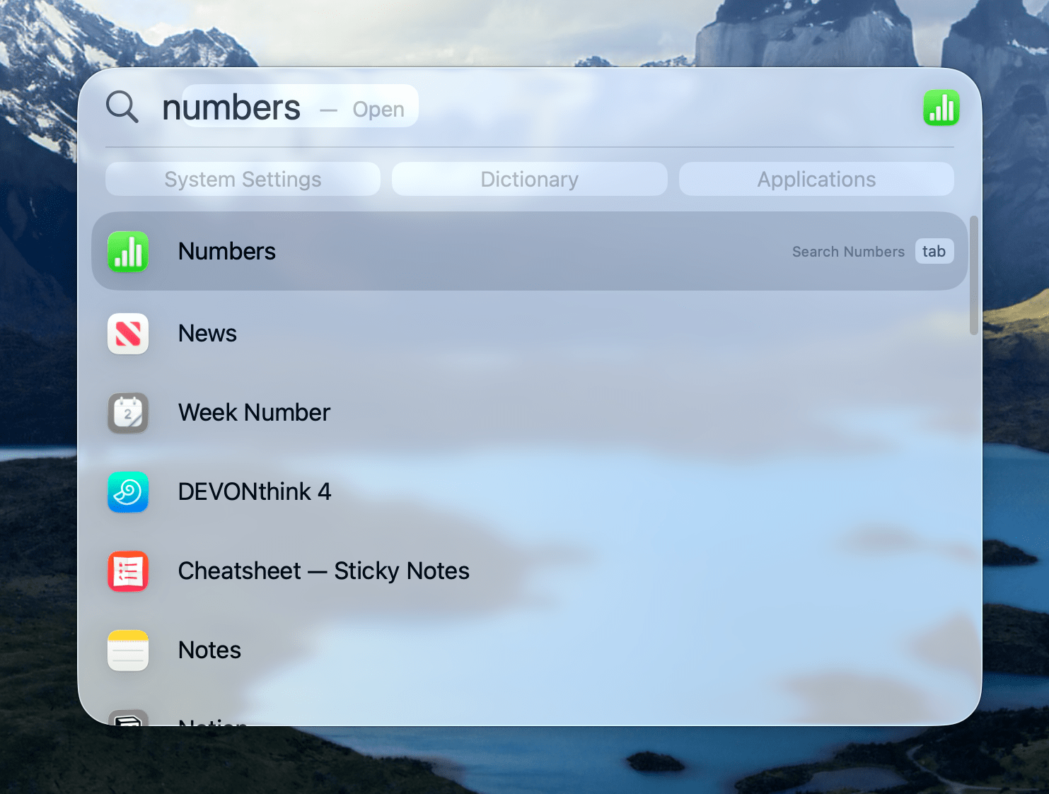 I use Numbers often enough that Tahoe knows to put it at the top of the list as soon as I type an "N".