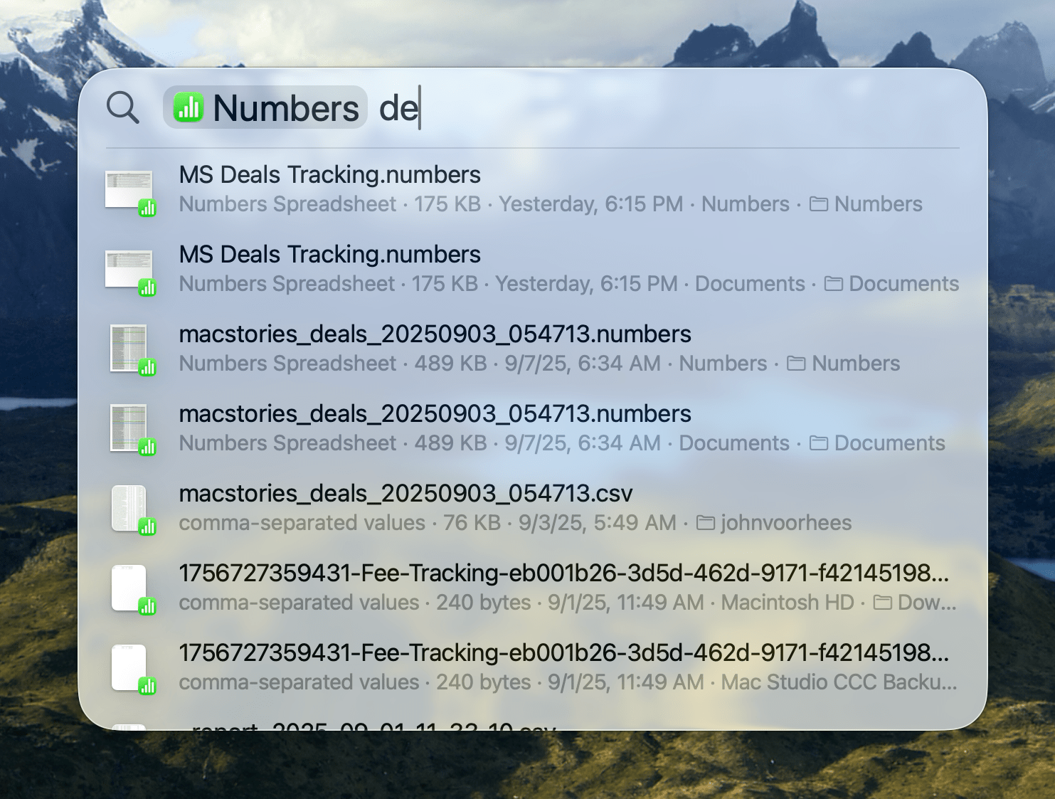 Selecting the Numbers filter or hitting Tab narrows your Spotlight search to just Numbers documents.