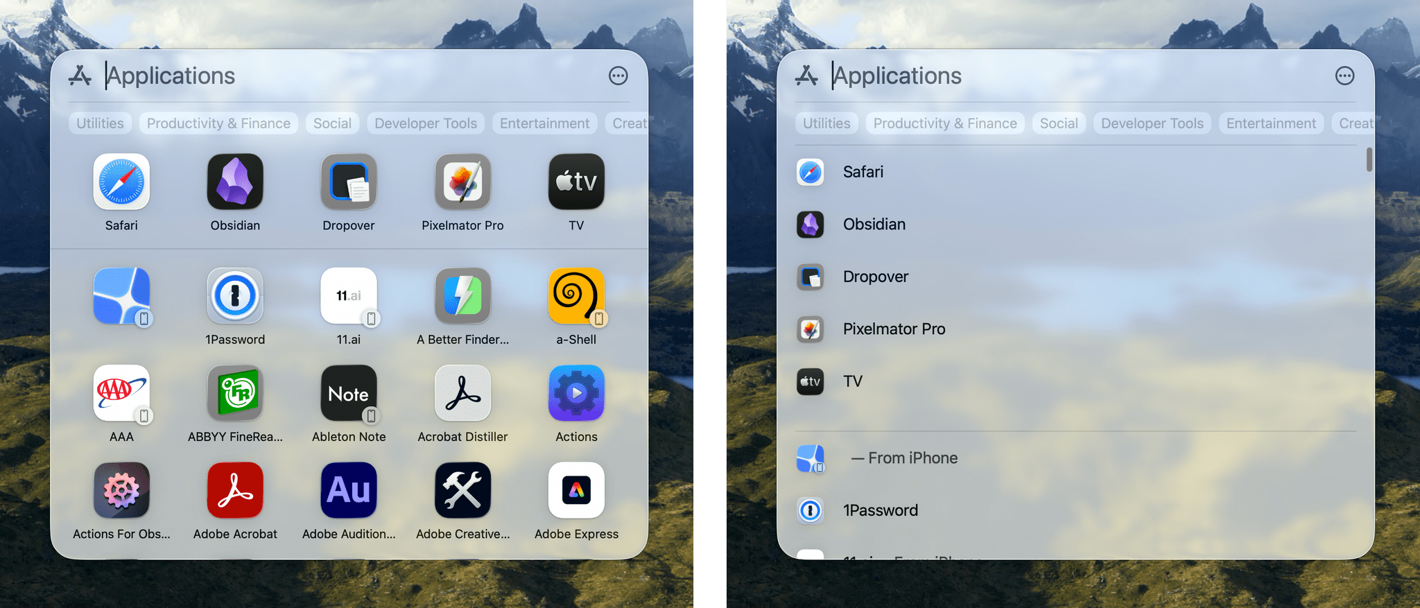 Spotlight lets you browse apps in a grid or list view and filter by type.