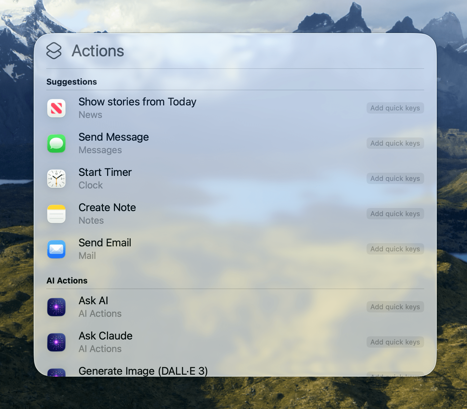 The Actions tab with suggestions followed by a list organized by app.