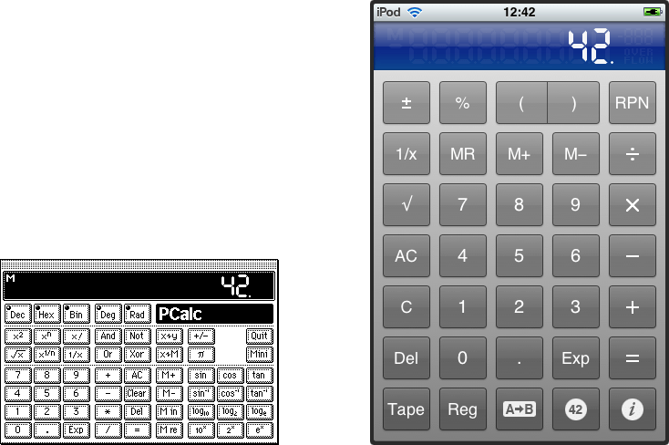 PCalc 1.0 for the Mac (1992) and PCalc 1.0 for the iPhone (2008).