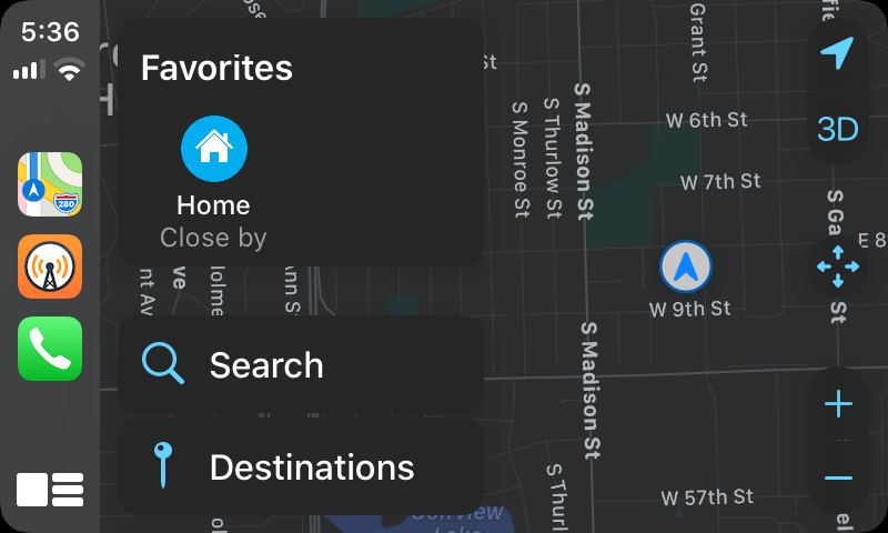 Navigation in CarPlay's Maps app.