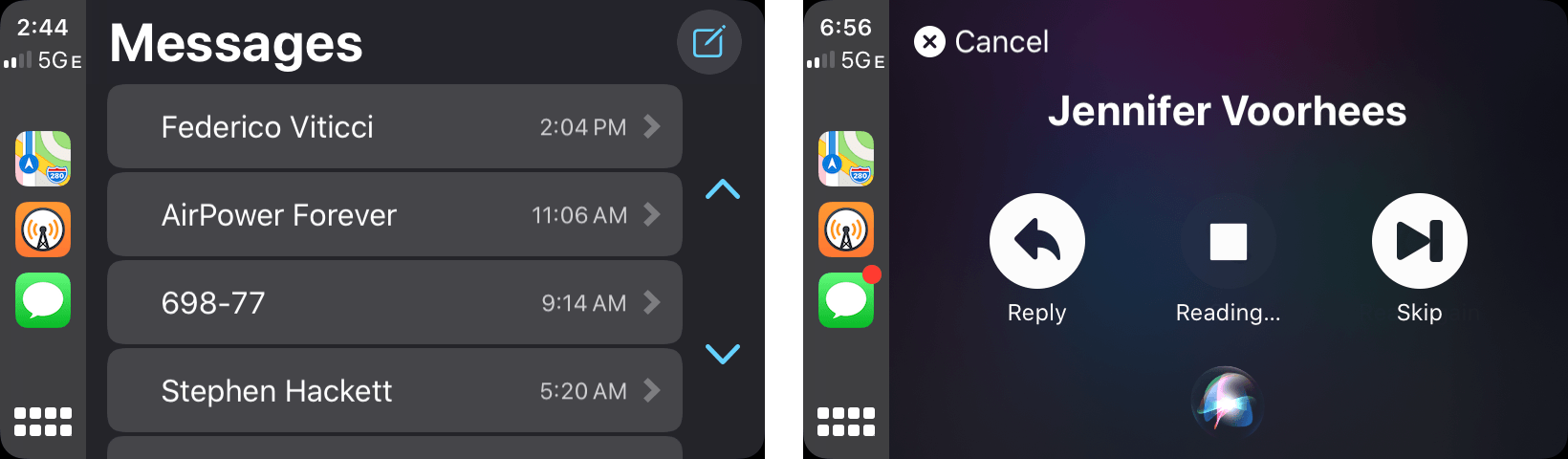 Messages no longer takes you into a Siri UI (left) and adds a new UI for interacting with messages (right).
