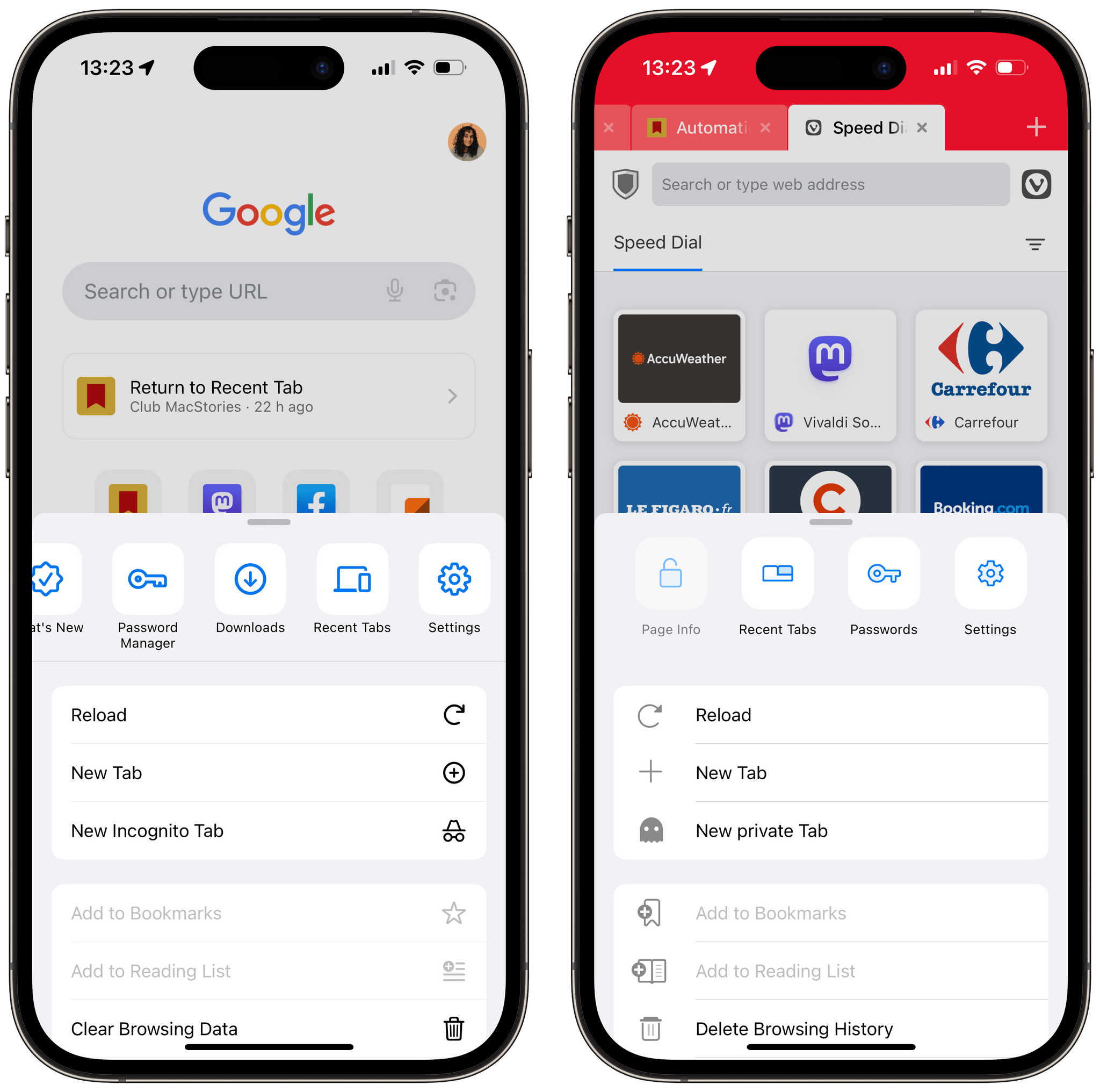 Chrome's main menu (Left) and Vivaldi's main menu (Right).