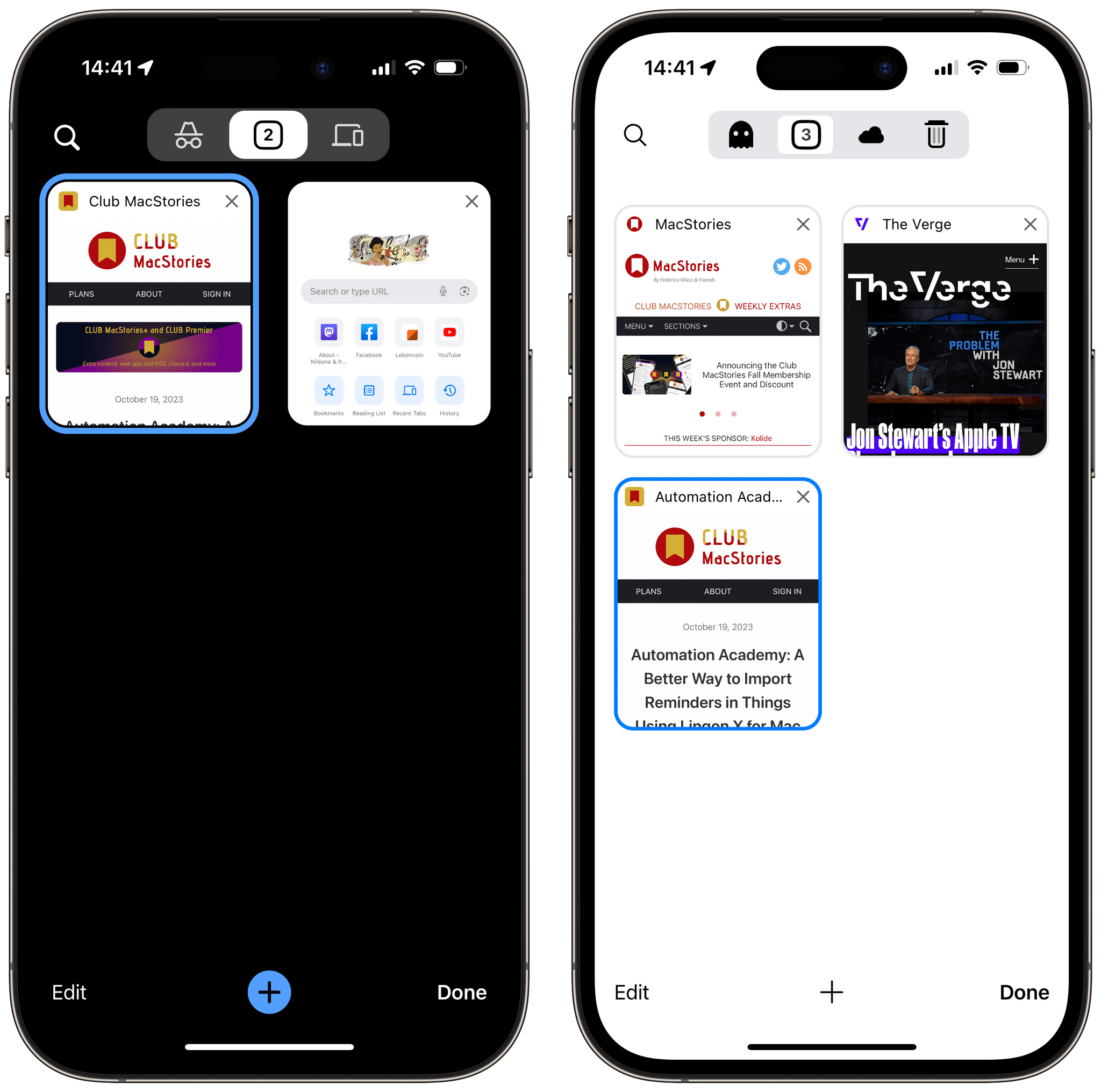 Vivaldi and Chrome share a lot of UI similarities on iOS. Left is Chrome's tab view. Right is Vivaldi's tab view.