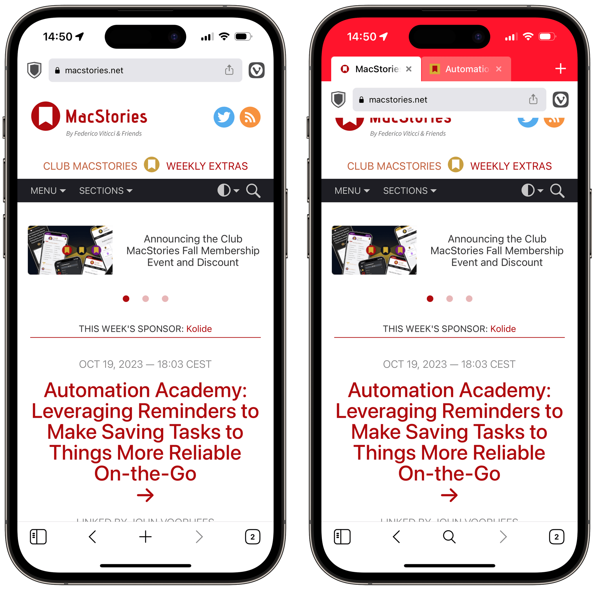 Vivaldi for iOS with ‘Desktop tabs’ disabled (Left) vs. enabled (Right).