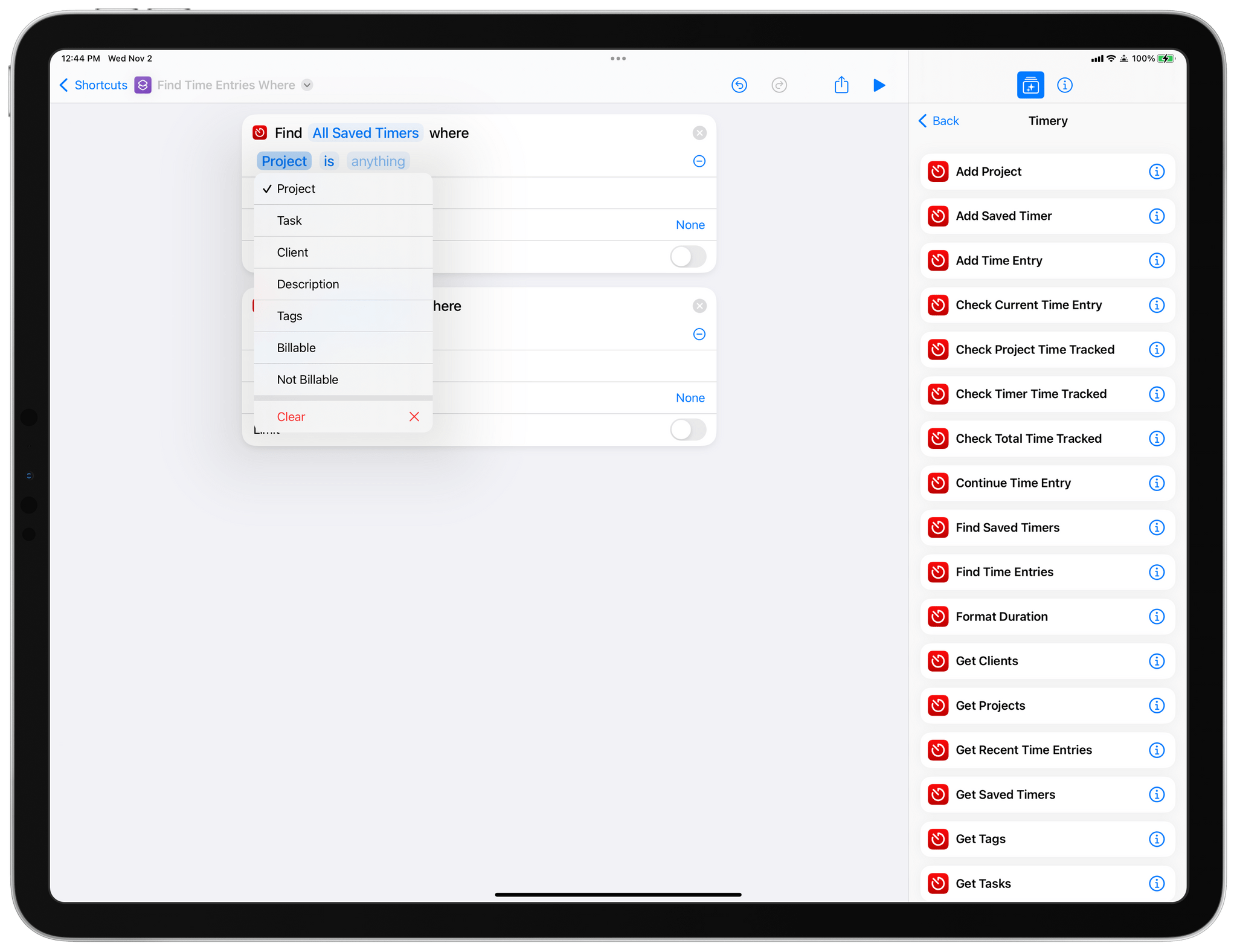 Timery offers an extensive list of filters for its new Shortcuts actions.