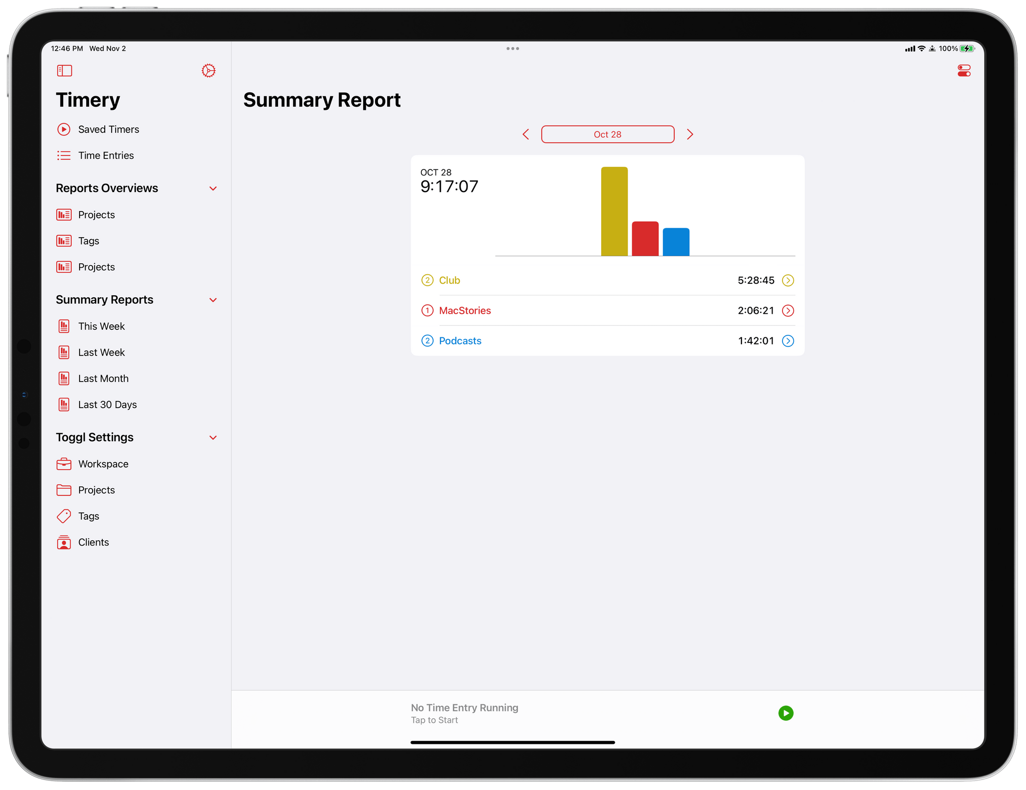 Tapping on a date in the Time Entries view opens a report for that date.