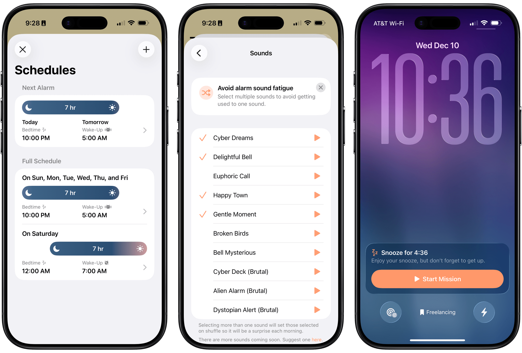 Setting your alarm schedule (left), selecting alarm sounds (center), and snoozing an alarm (right).