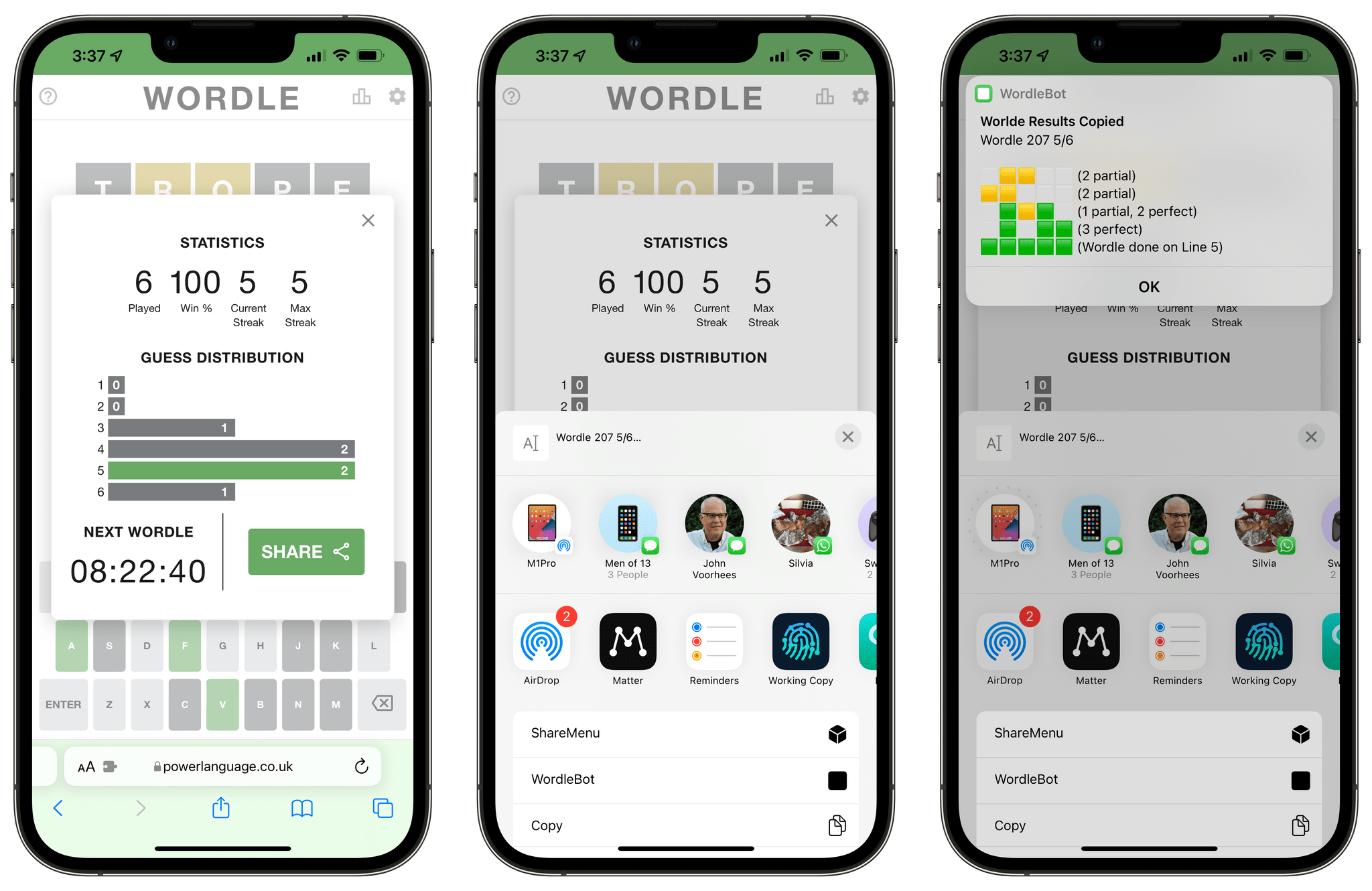 Running WordleBot from the share sheet.