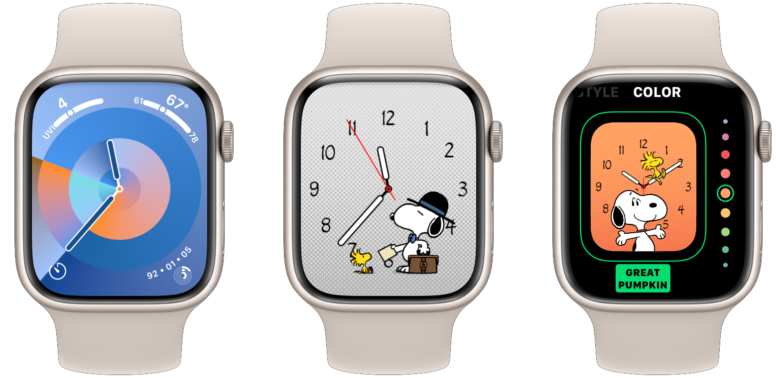 The new Palette and Snoopy watch faces, and one of the fun color titles for the Snoopy face.