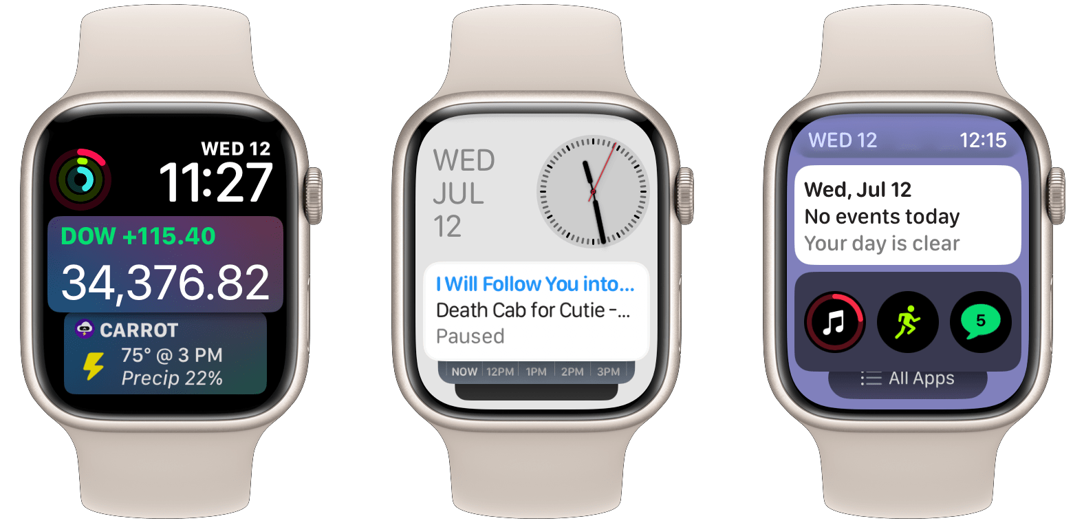 Left: the old Siri watch face. Center: the new Smart Stack. Right: scrolling through Smart Stack widgets.