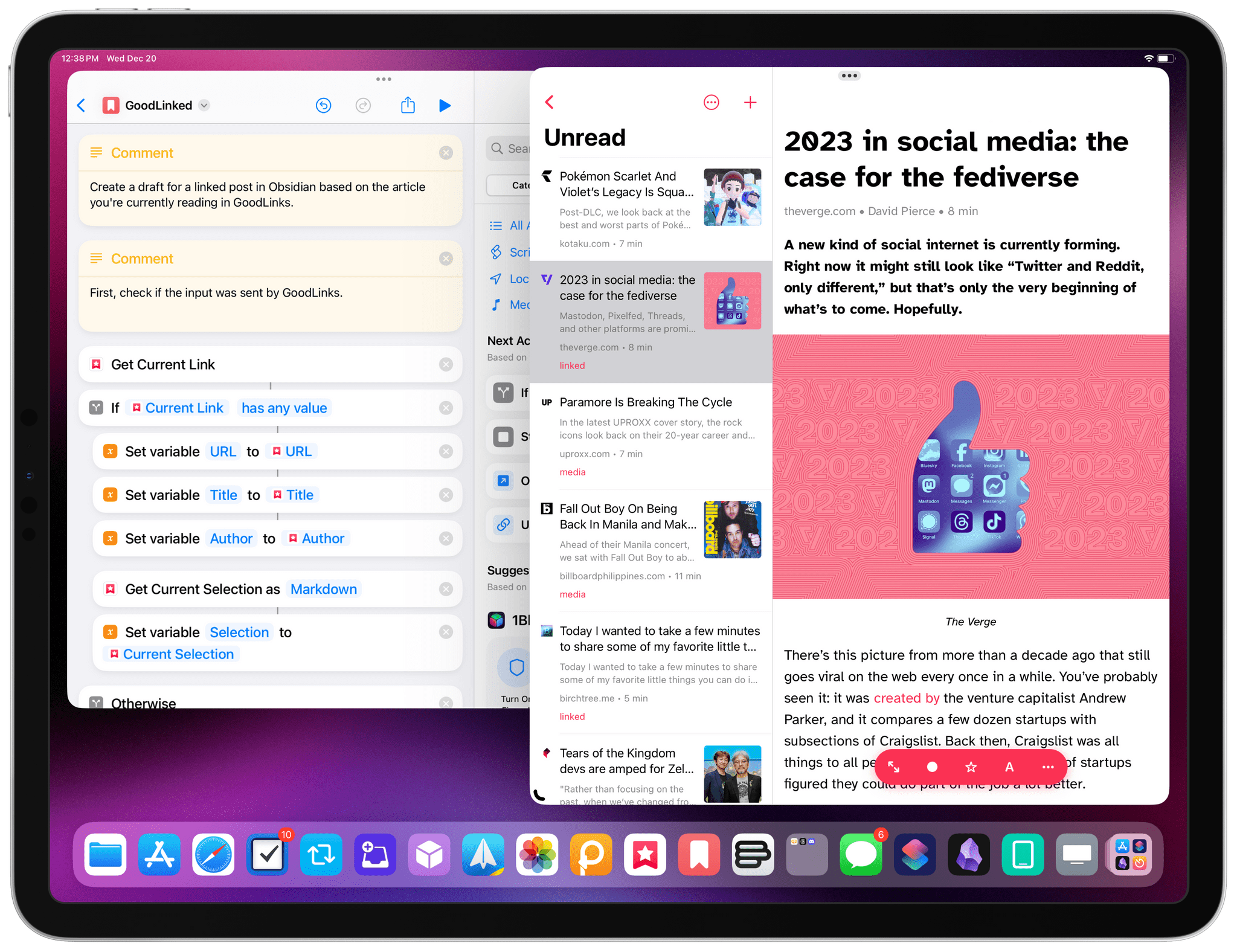 The new Shortcuts actions for GoodLinks.