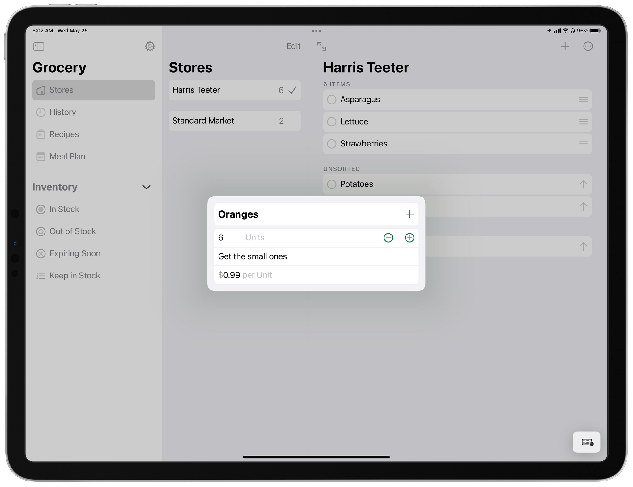 Grocery 3.0 lets you add a number of units, notes, and price to an item, which is reflected in the inventory section.