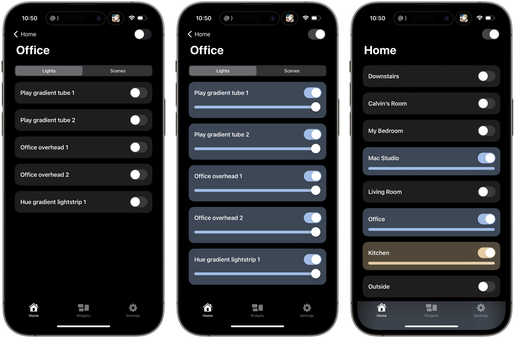 Controlling lights and scenes from Home Widgets.