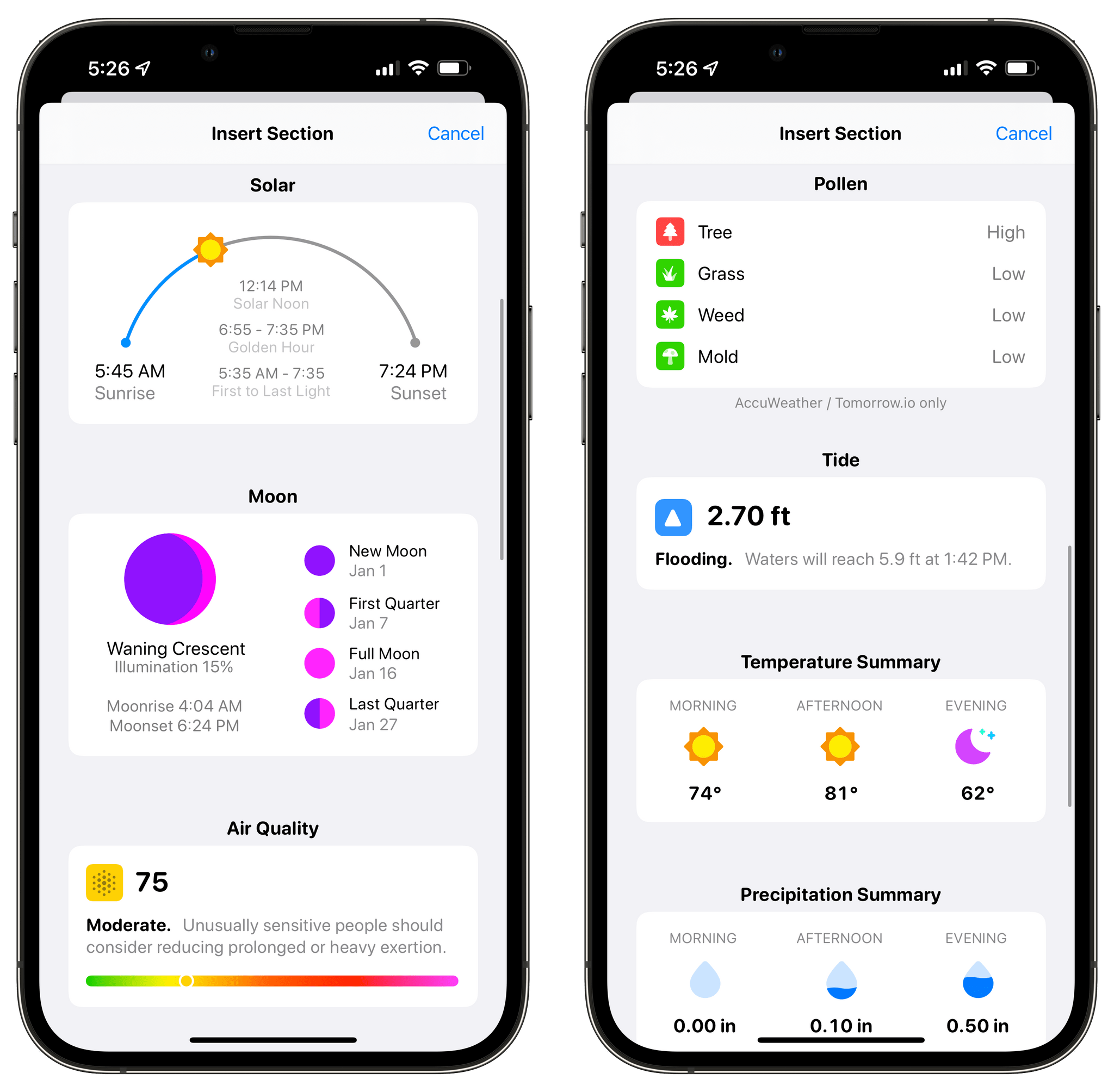 CARROT Weather 5.6 introduces new Solar, Moon, Air Quality, Pollen, and Tide sections.