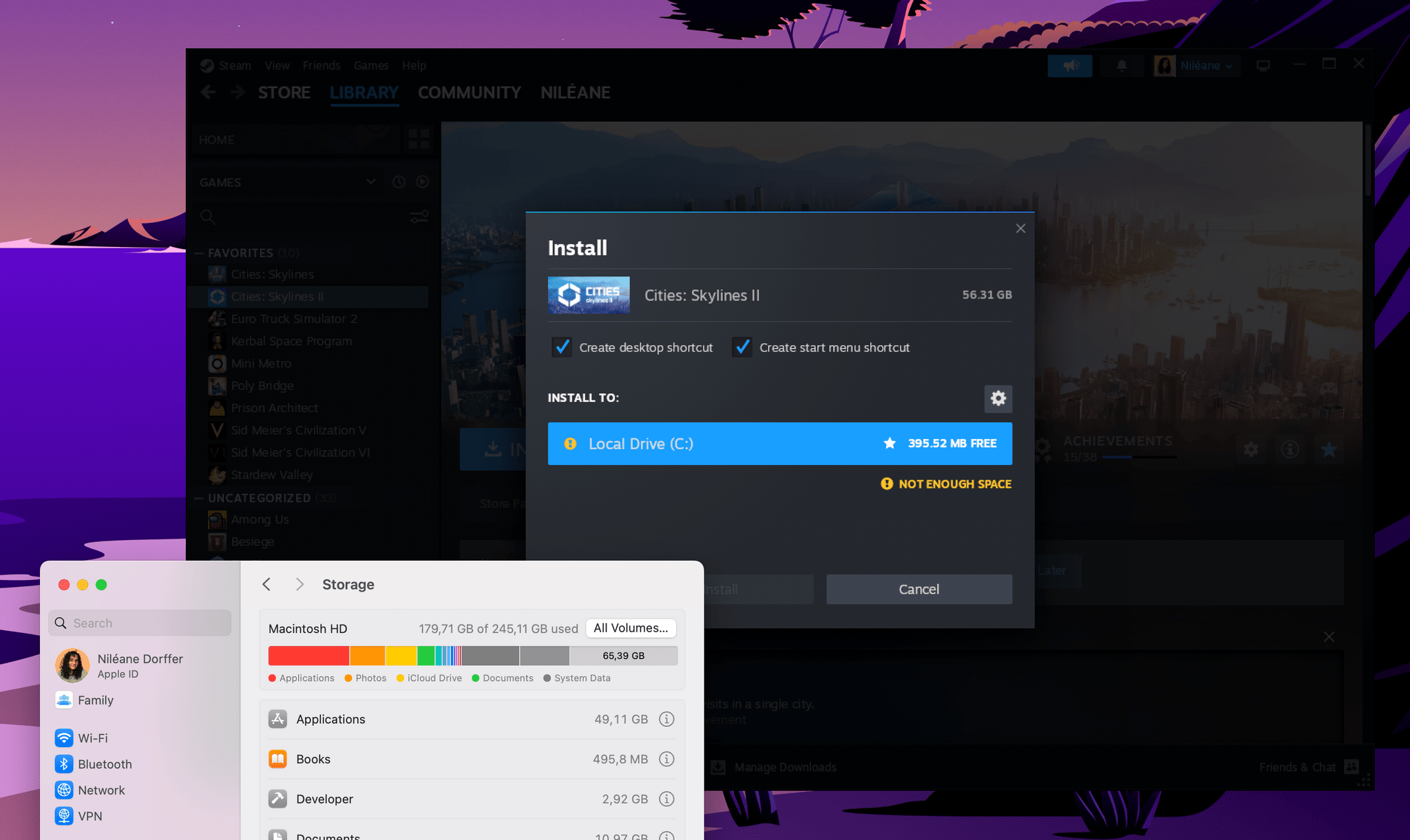 Even with 65 GB of available storage space on my MacBook Air, Steam would think that I only had 400 MB of free space, and would not let me download the game.